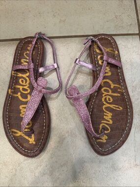 Sam Edelman Pink Glitter T-Strap Sandals with Brown Footbed